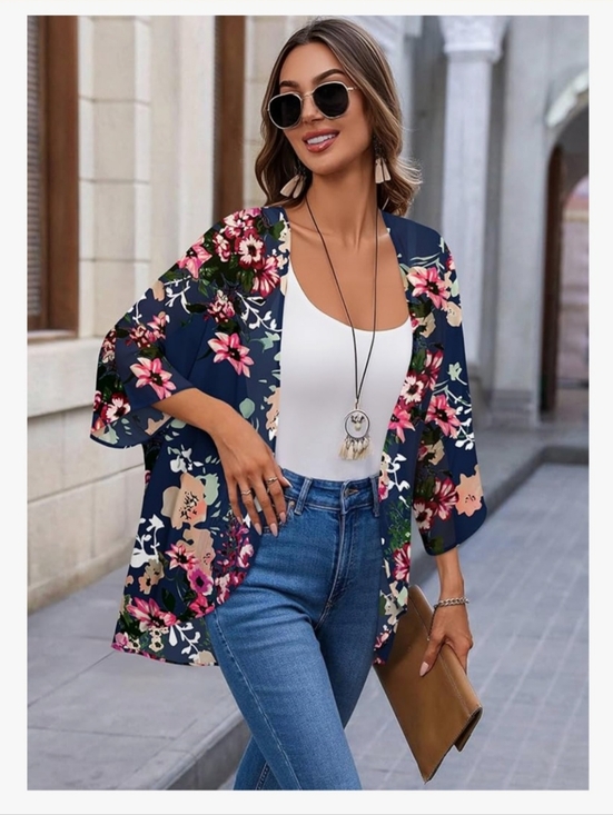 Tops - Navy Floral Kimono Cardigan - Lightweight Boho Cover-Up